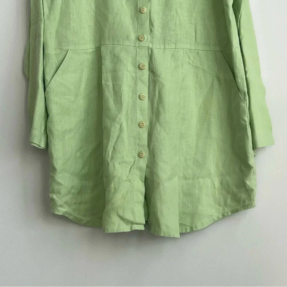 Flax 100% Linen Dress Small Green Button Down Pockets Long Sleeve Tunic Pleated - Picture 4 of 13